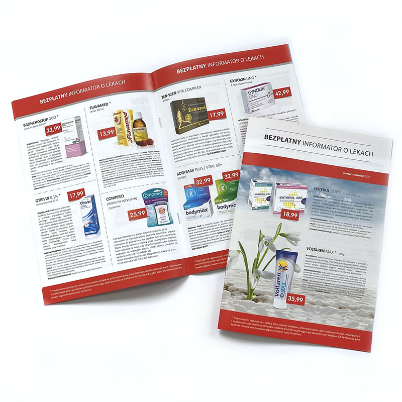 Flersidiga medicinska broschyrer sydda med tråd, tryckta på mattbestruket träfritt 135 g papper