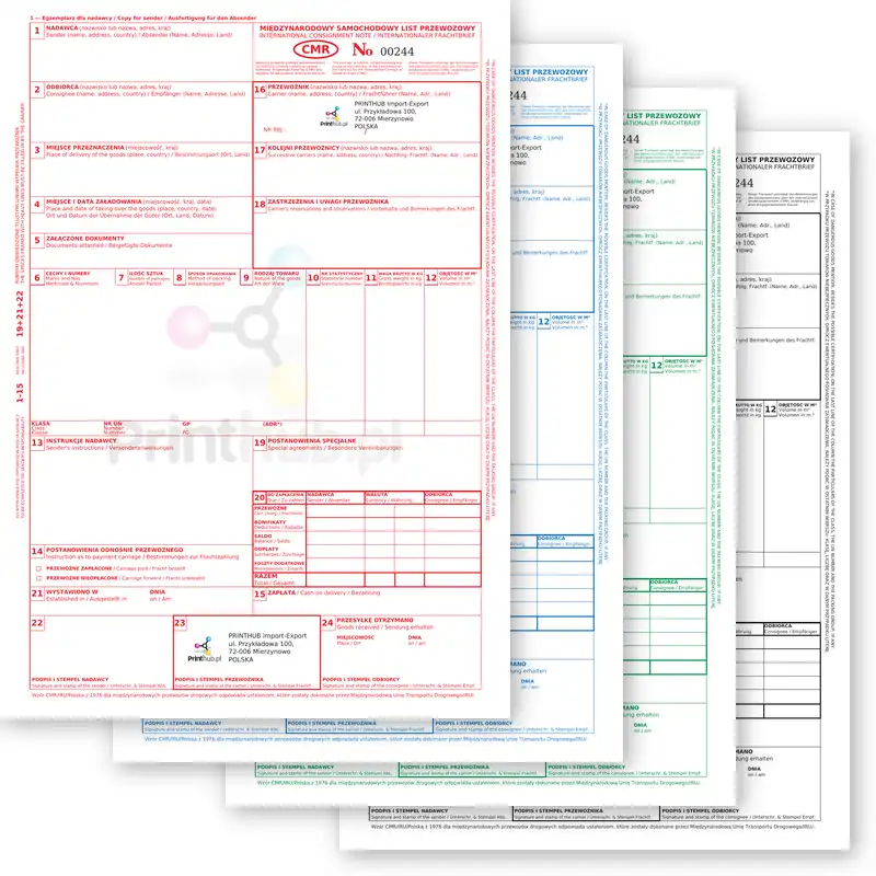 Numrerade CMR-blanketter personaliserade med företagets logotyp och uppgifter. Formuläret kan innehålla valfria 3 språk, såsom polska, tyska, engelska, franska, ukrainska, ryska och andra.