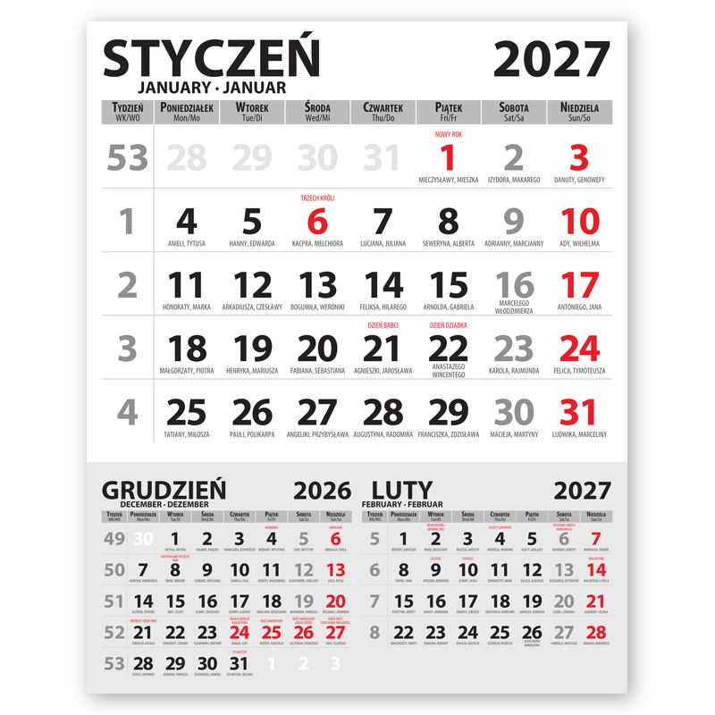 Tydligt kalendarium för väggkalender med namnsdagar och beskrivning av viktiga dagar under året.