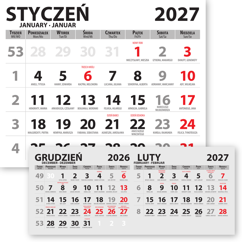 2-månaders kalender med namnsdagar och beskrivning av viktiga dagar under året.<br> Mått 280x230 + 280x125 mm