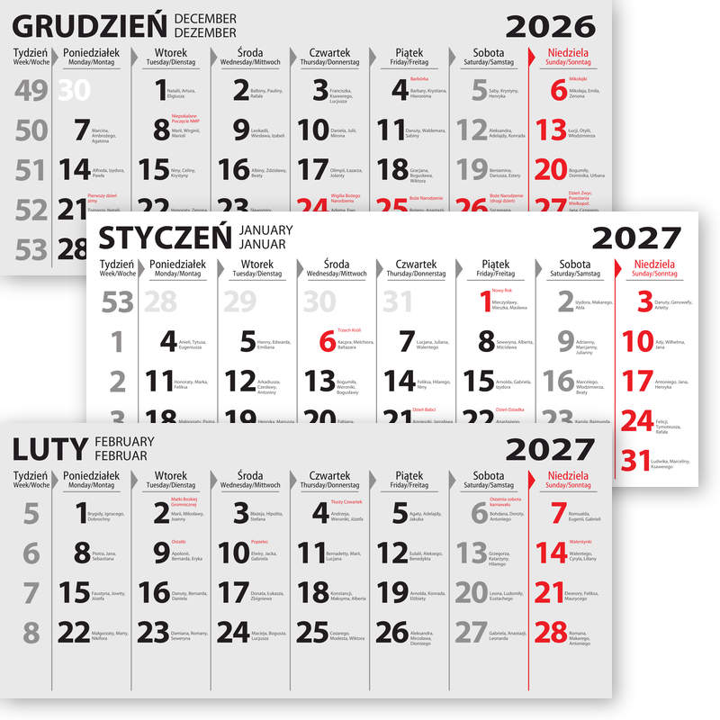 3-månaders kalender med namnsdagar och beskrivning av viktiga dagar under året. <br> Mått 315x140 mm