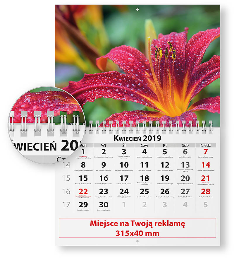 Multi-panel, tvåsidig kalender med en spiral i mitten.