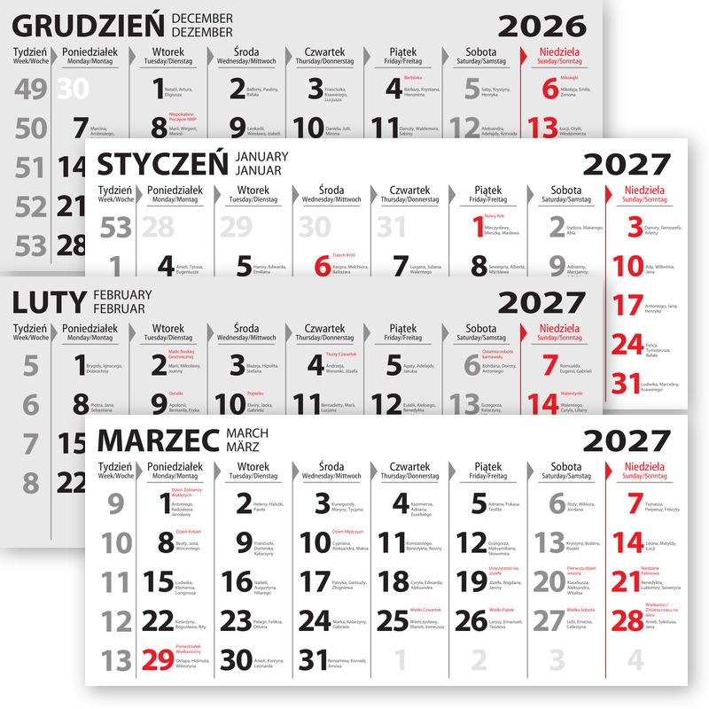 Tydligt 4-månaders kalender med namnsdagar och beskrivning av viktiga dagar under året.
